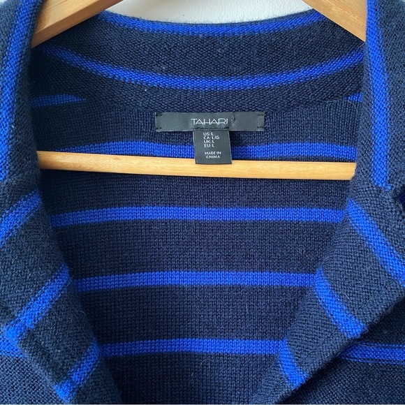 Tahari Merino Wool Blend Black & Blue Stripes Long Sleeves Button Up Cardigan - Picture 3 of 9